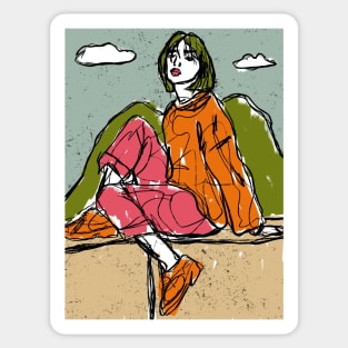 A girl sitting on a balcony Sticker